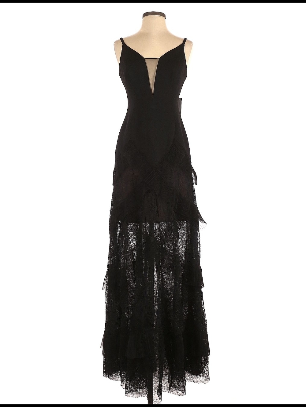 BCBGMaxAzria Black Lace Tiered Maxi Gown with Plunge Neck